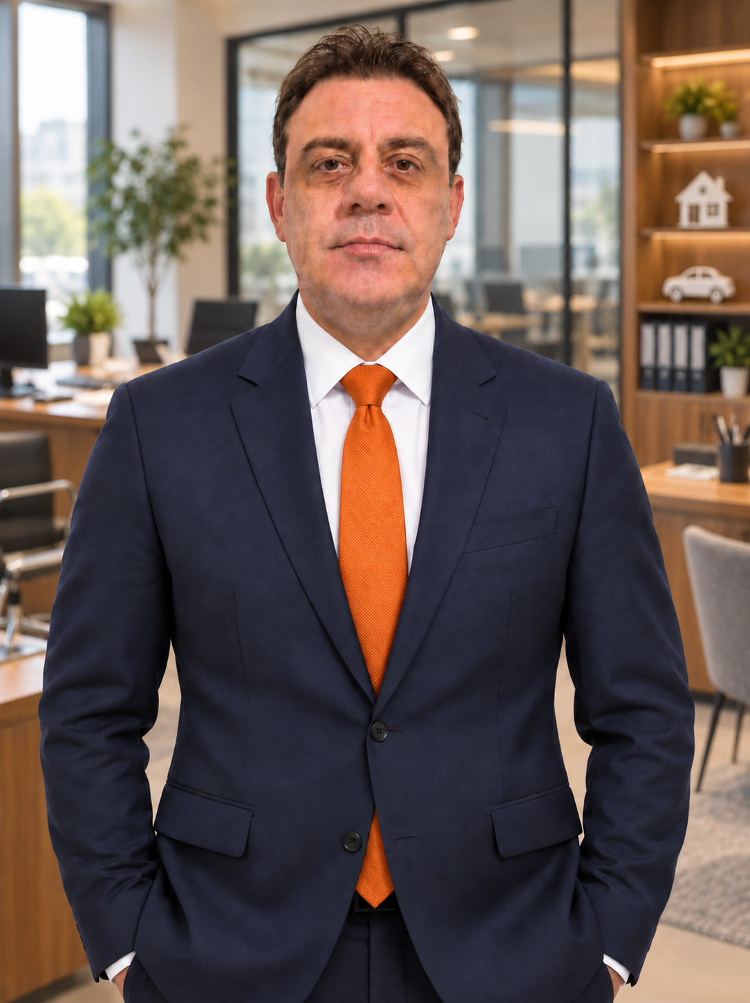 Gravata laranja vibrante em terno azul-marinho